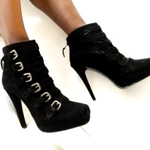 Stuart Weitzman Iron Lady Black Suede Heel Ankle Booties